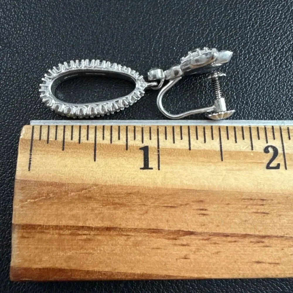 OTIS Sterling Art Deco Rhinestone Suspended Hoop Screw Back Earrings Floral
